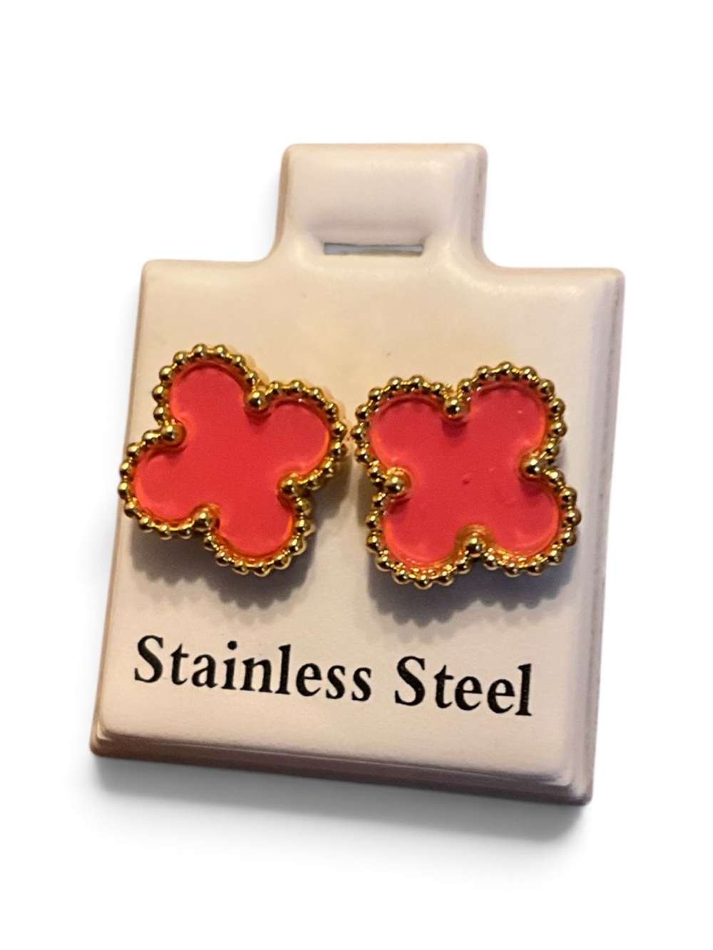 Gold-Trim Coral Clover Stainless Steel Stud Earrings